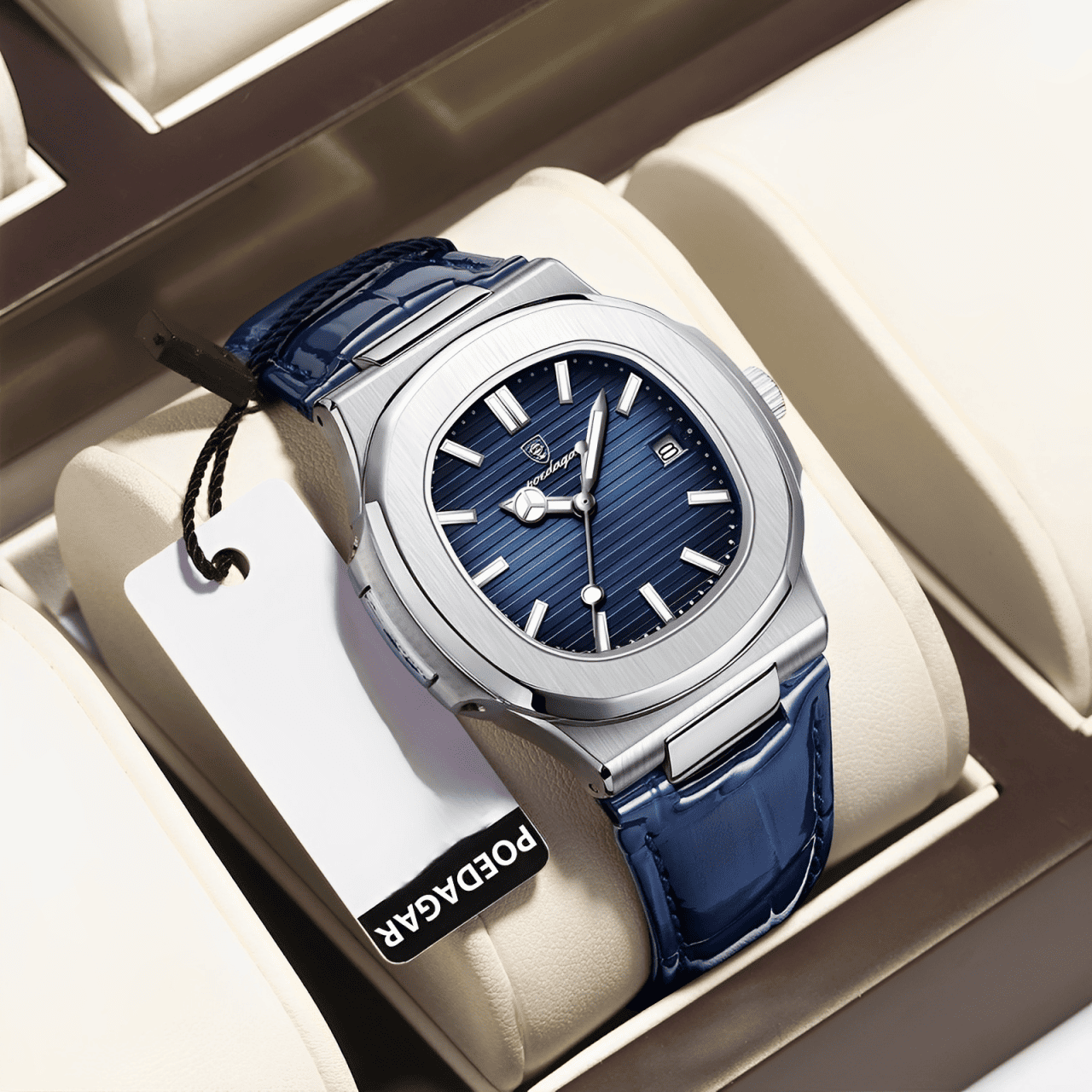 Relógio Masculino POEDAGAR 613 Quadrado Couro Luxo Calendário à Prova D'Água